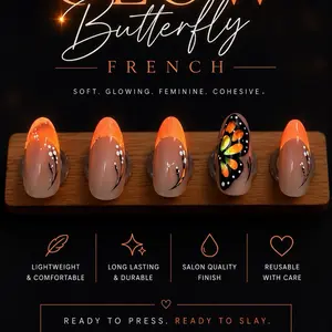 Butterfly Glow French Nails - Lightweight Comfortable Long Lasting Durable Salon Quality Finish Reusable with Care Ready to Press Slay