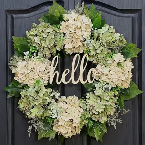 Farmhouse Hydrangea Wreath with Hello Plaque, Year-Round Front Door Decor,summervibes
