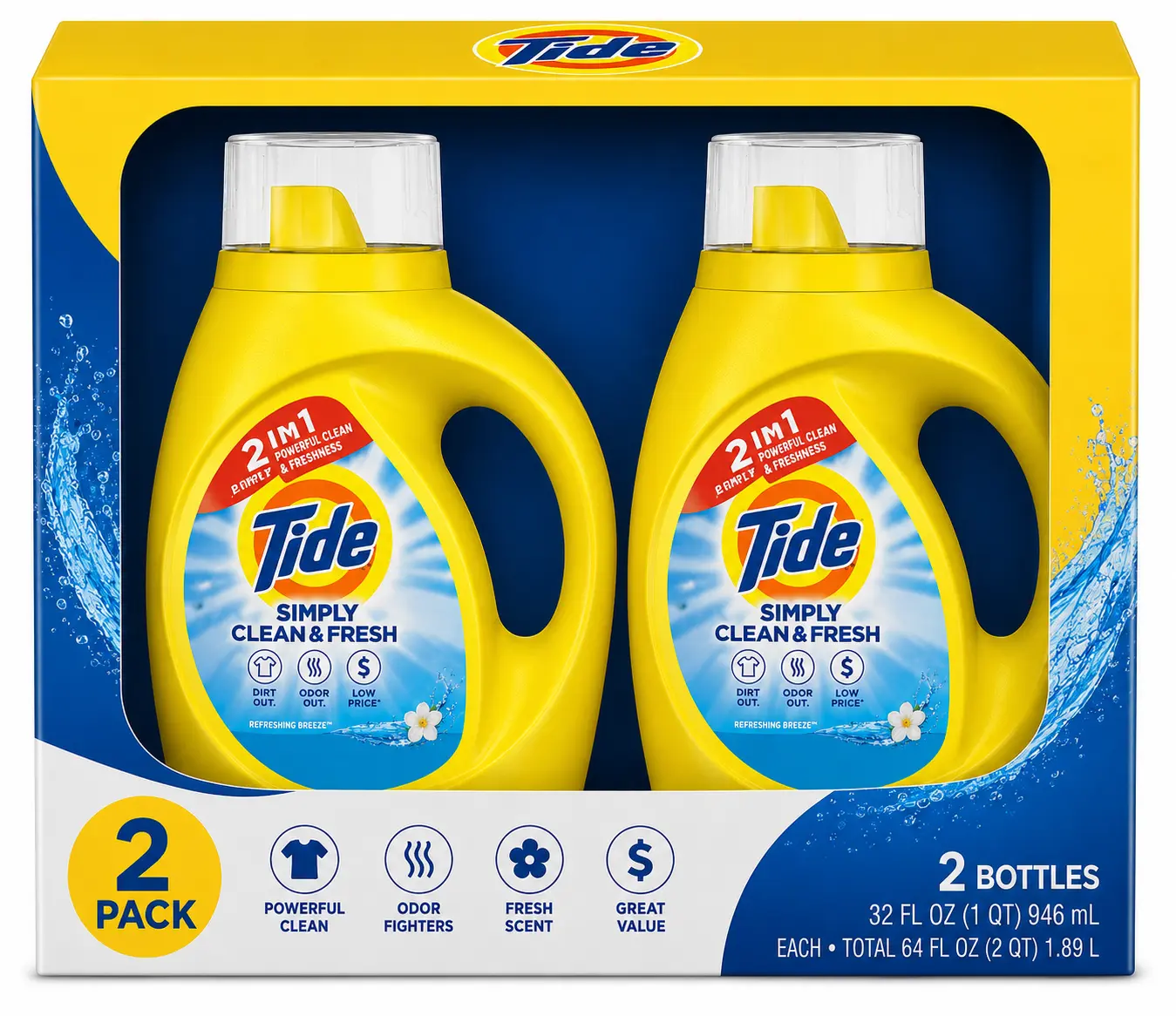 Tide Simply Clean & Fresh Liquid Laundry Detergent, Refreshing Breeze, 2 Pack (2 x 32 fl oz / 946 mL) – 64 fl oz Total