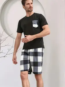 Men's Fashion Casual Fitted Pajama Set Pjs, Polyester Blend, Plaid Print Pants, Short Sleeve Shorts Comfortable Sleepwear Two-Piece Suit
