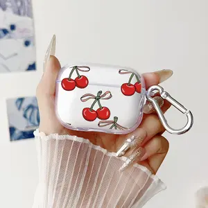 Cherry Bows Pattern Protective Case for AirPods 4/3/2/1/Pro/Pro2 Soft TPU Earphone Cover, Transparent with Keychain