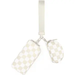 Checkered Dual Pouch Wristlet Wallets for Women Fits Phone Small Travel Zip Around Wallet with  Purse