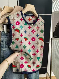 1 Piece Spring Summer Back To School Casual Style Loose Round Neck Sleeveless Knitted Top, Dark Blue Trim Contrast Gradient Patchwork Geometric Print, Women's Outdoor Top, Match With Vest / Wear Alone, Chic Casual Sleeveless