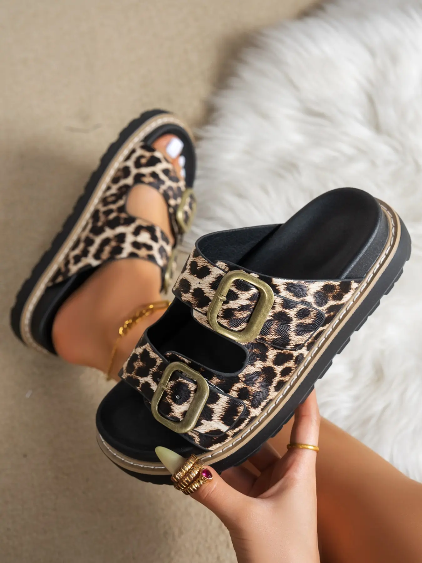 Vintage Leopard Print Women's Sandals, Slide, Adjustable Metal Buckle, Thick Sole, Anti-Slip, Height-Boosting, Casual Outdoor Slippers, Comfortable Footwear, Leopard Pattern Slides