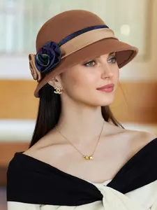 Women's Elegant Flower Decor Wool Hat, British Retro Elegant Felt Hat, Fashionable Socialite Woolen Hat for Fall & Winter
