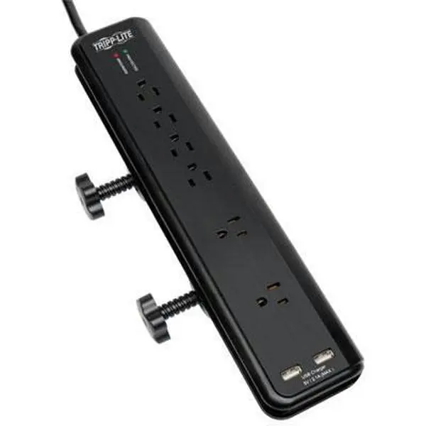 Tripp Lite Surge-Protected Desk Mount Electrical Socket - 6 Outlet, Clamps, 110-120V, 2100J, 2.1A Dual Port USB Charger for Home Improvement Electrical Equipment Needs, 2100 Joule