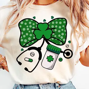 St. Patricks Day Nurse Shirt, Cute Shamrock Stethoscope Bow Coquette Nurse Sweatshirt, Patrick’s Day Gift For Nurse