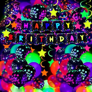 71 Pcs Neon Birthday Party Supplies Decorations, Glow in the Dark Balloons, UV Neon Party Banner
