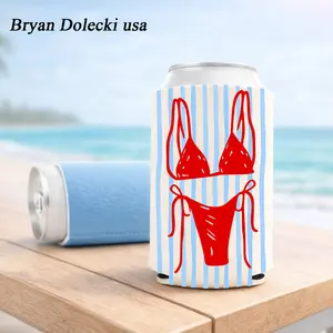 Red Bikini Beach Can Cooler, Summer Bachelorette Party Drink Sleeve, Coastal Pool Party Koozie, Beach Babe Vacation Favor, Girls Trip Gift, Nautical Striped Drink Holder