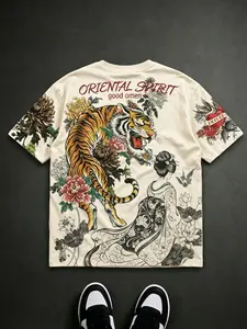 Viral Japanese tattoo style tiger pattern T-shirt, Oriental Spirit Y2K streetwear, retro aesthetic T-shirt with geisha and floral prints, perfect for streetwear and casual wear # streetwear # patterned T-shirt # Japanese tattoo # Oriental Spirit