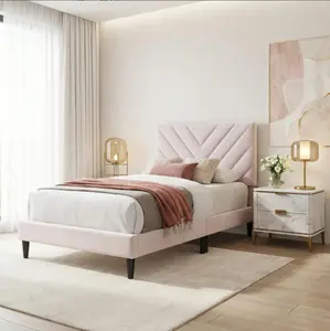 Twin Size Bed Frame with Mattress Included, Upholstered Velvet Platform Bed with V-Stitch Headboard, Wood Slat Support, No Box Spring Needed – Cama Twin con Colchón