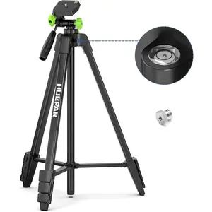 60-Inch Lightweight Tripod Portable Adjustable Tripod for Laser Level with 3-Way Swivel Pan Head, 2 Bubble Levels, 1/4" and 5/8" Thread Mount for Varieties Tools, Only for Indoor Basic Work Telescoping Laser Level Pole with Tripod