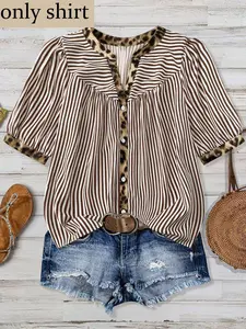 Plus Size Striped Leopard Patchwork V Neck Blouse, Bubble Sleeve Loose Top, Casual Summer Dress, Daily Wear, Office, Date, Travel
