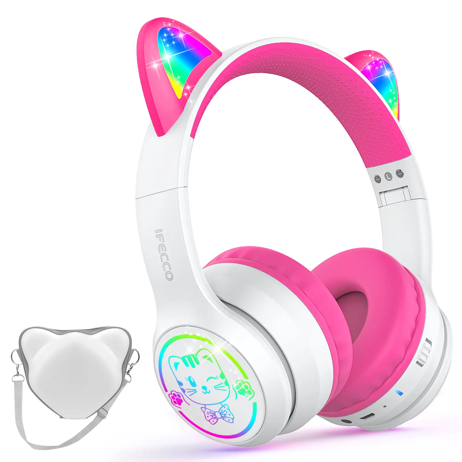 IFECCO Over Ear Kids Headset - Wired & Wireless Bluetooth Headphones with Mic, Memory Foam Earpads, Cable, Case, RGB LED Cat Ears, Foldable, Adjustable, 3.5mm Connection, Good Sound Quality, 20kHz for School Use, Lights, Ear Cushions