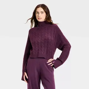 Women's Mock Neck Cable Knit Sweater - JoyLab Plum Purple XXL