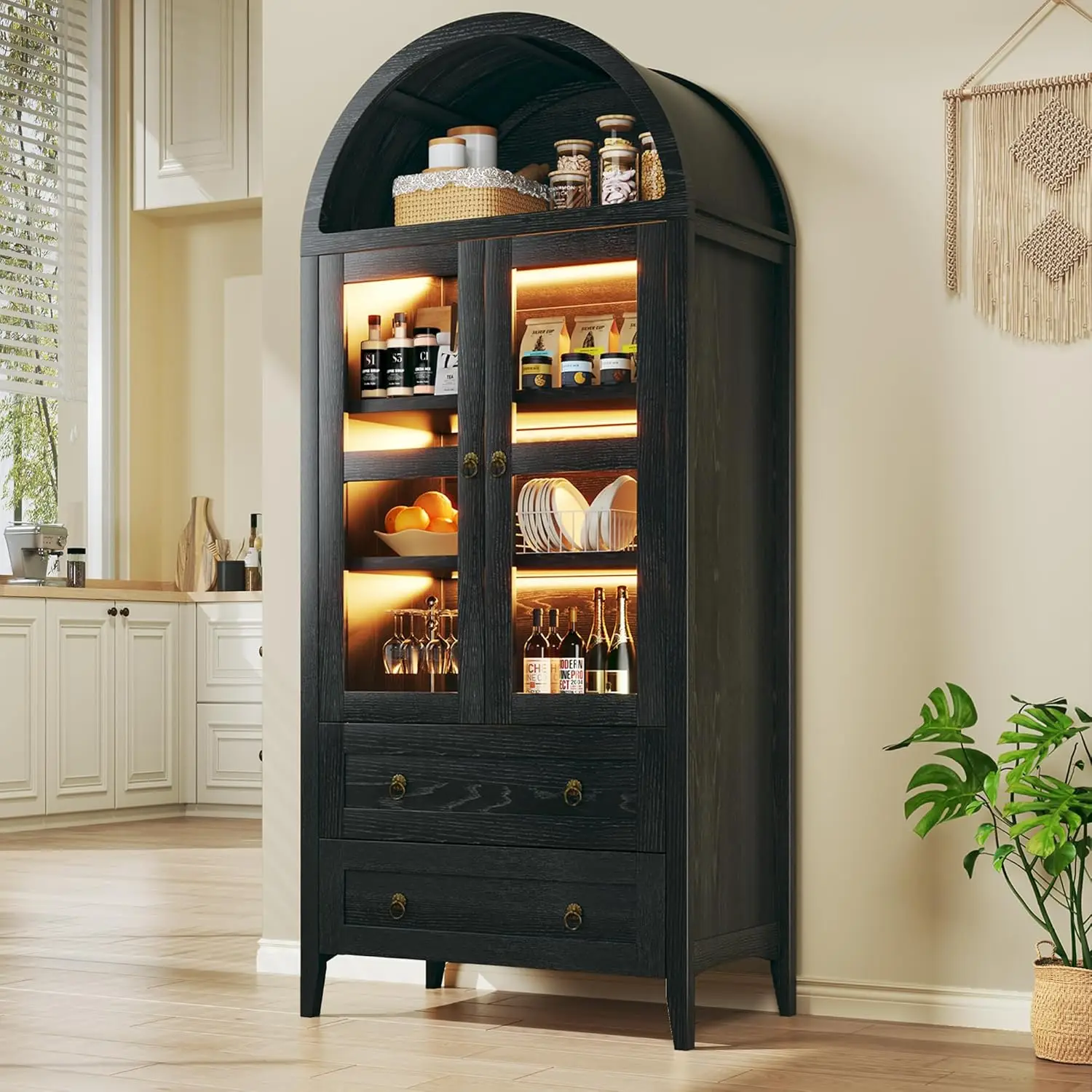 Farmhouse Arched Cabinet with Glass Doors, Wood Display Cabinet with Drawer and Adjustable Shelves, 71” Tall Bookshelf Modern China Storage Kitchen Pa