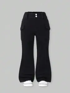 Young Girl Casual Multi Pocket Elastic Waist Black Washed Denim Flare Jeans Summer Holiday