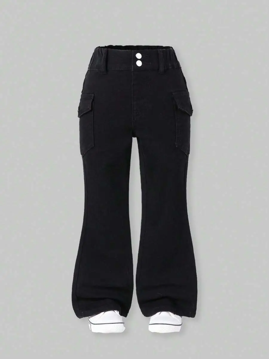 Young Girl Casual Multi Pocket Elastic Waist Black Washed Denim Flare Jeans Summer Holiday