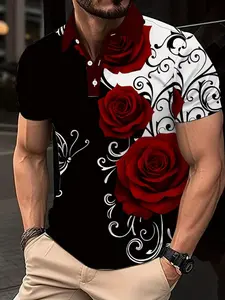 Men's Rose Print Floral Short Sleeve Polo Shirt, Fashion Trendy Design, Casual Fitted Top, Graphic Pattern, Summer Wear, Menswear