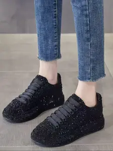 Women's Thick Sole Casual Shoes with Sparkling Rhinestone Decor, Fashion Trendy All-Season Footwear, Perfect Holiday Gift