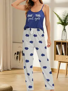 Women's Leaf Print Pajama Set, Casual Fitted Sleeveless Vest Top & Long Pants, All-Season Polyester Knit Sleepwear, Comfortable Home Leisure Loungewear, Homewear