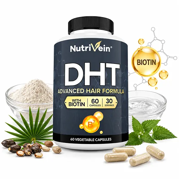 Premium DHT Blocker for Men & Women with Biotin, Hair Growth Supplement for Thicker, Stronger, Healthier Hair, 30-Day Supply, 60 Capsules