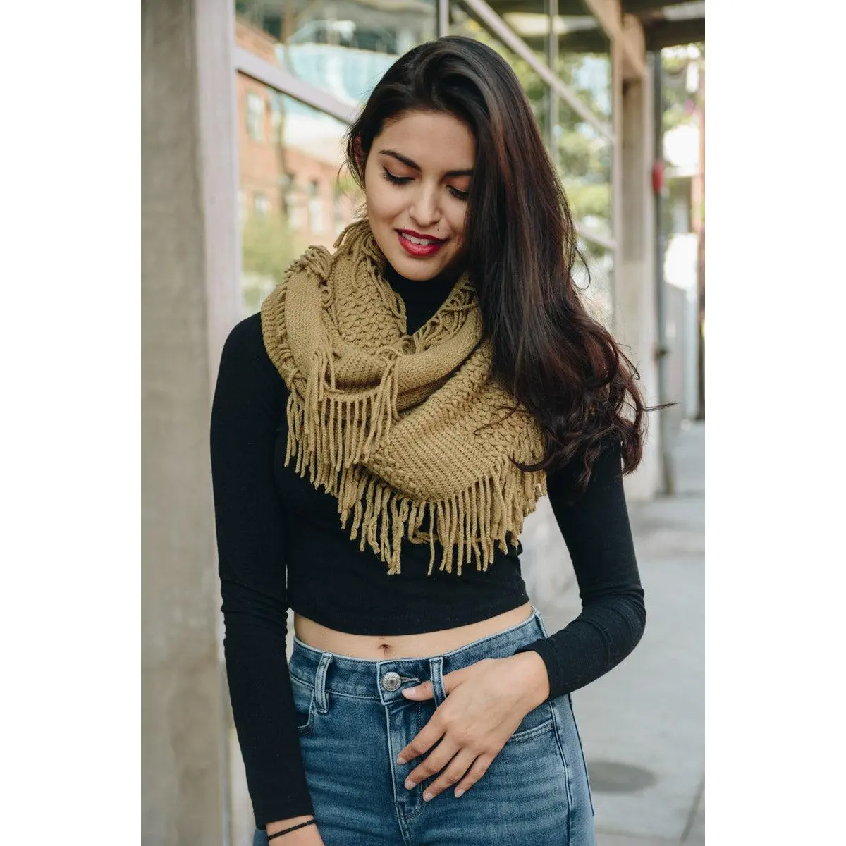 Adults' Casual Lightweight Pointelle Infinity Scarf - Brown, Long-Sleeved Design, Fringe Detail, Stylish Accessory for Daily Wear, Infinity Scarves