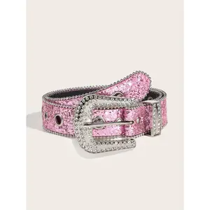 Multiple Colors Handmade Leather Belt for Women Fashion Shiny Y2K Rhinestone Buckle Wide Waist Belt Waist Chain 103cm-113cm Length