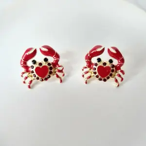 #223 Red Crab with Red & Black Rhinestones Stud Earrings, Casual, Tropical, Beach, Summer, Zinc Alloy