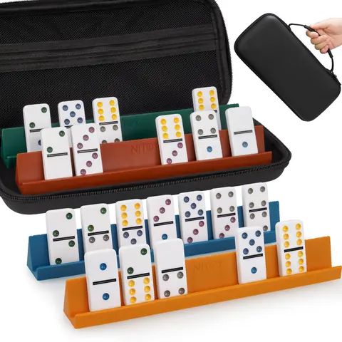 28 Double-6 Domino Set, All Ages Family Fun Game & Screen Time Alternative, 4 Anti-Slip Silicone Racks, Portable Case, Vintage Colors, Color-Coded Dots, Travel/Game Night Toy (Dominoes:2x1x0.28in, Racks:10x1.18x1.18in)