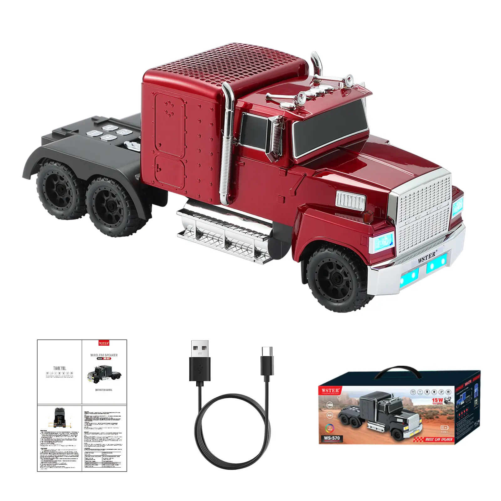 WSTER WS-570 Retro American Truck Model Bluetooth Enabled Speaker - Rechargeable Retro Mini Speaker, HD Wireless Sound, TWS Stereo, FM Radio, LED Party Lights, Built-in Microphone for Hands-Free Calls, Gift for Car Enthusiasts, Retro Mini Speakers