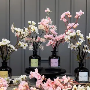 Faux Floral Cherry Blossom Reed Diffuser Aroma Bouquet -Beautifully Packaged Gift Set Includes - White Cherry Blossom Faux Florals Ombre Black Glass Diffuser Vase Reed Stick Diffusers Acrylic Tray Fragranced Oil - 4 oz