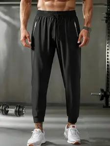 Men's Summer Thin Ice Silk Pants Letter Tape Zipper Pocket Elastic Waist Joggers Harajuku Trousers Lightweight Breathable Casual Sporty Bottoms