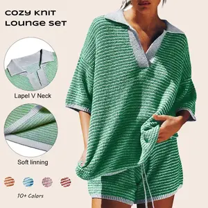 Women’s two-piece knit set: oversized V-neck 3/4-sleeve knitted top and high-waisted shorts, casual set GARMENTARY
