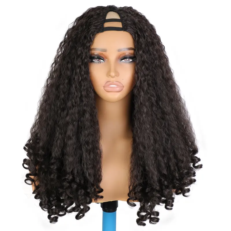 NAYASA V-Part No-Lace Kinky Curly Synthetic Material Wig, 24in 180% Density Full Machine Wig for Black Women, Glueless Wear-and-Go with 4+3 Comb Grip, Bouncy End Curls, 22-22.5in Fit Option