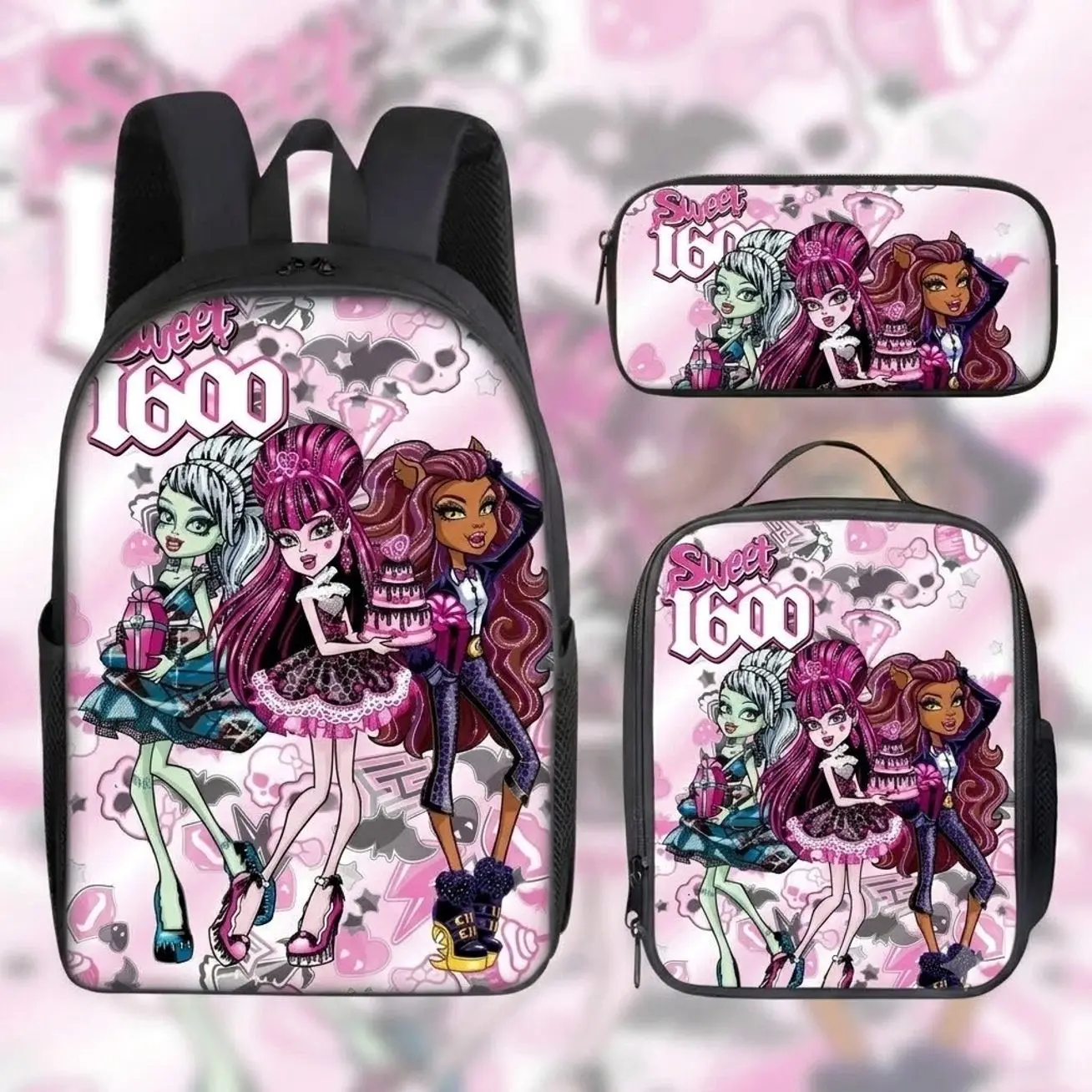 Aesthetic Y2K Doll Academy 3-in-1 Bookbag Set | Ergonomic Student Backpack Insulated Lunch Bag Pencil Case | Cute Travel Gift for Kids