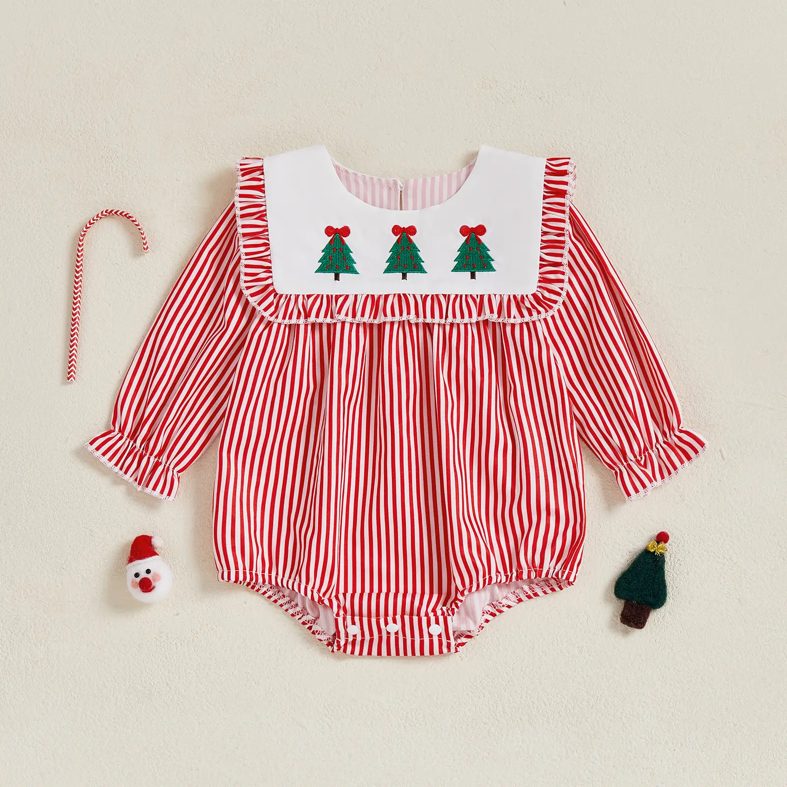 Infant Baby Girl Christmas Romper Striped Tree Ruffle Trim Long Sleeve Bodysuit Cute Clothes 0-18 Months