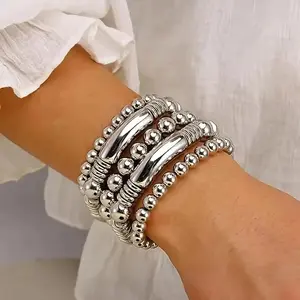 5-Piece Set of Metal Beaded Beaded Bracelets Simple Punk Style Fashion Women's Travel and Vacation Bracelets