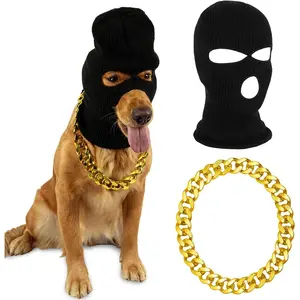 Dog Costume Knitted Mask and Gold Chain Halloween Christmas Funny Gangster Robbers & Thieves Cosplay Set Dog Ear Muffs Noise Protection Warm for Large Dogs