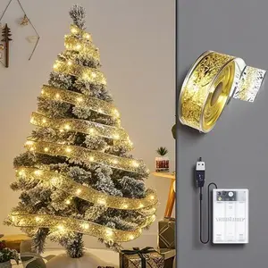 Gold Foil Twinkle Lights 33Ft 100 LED String Lights Battery Operated Warm White Firefly Lights with 2In Ribbon for Indoor Holiday Decoration Christmas Tree Starry Decorative Lighting