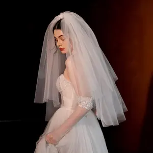Light Ivory Two-Tier Bridal Veil | Short Vintage Puff Veil with Comb