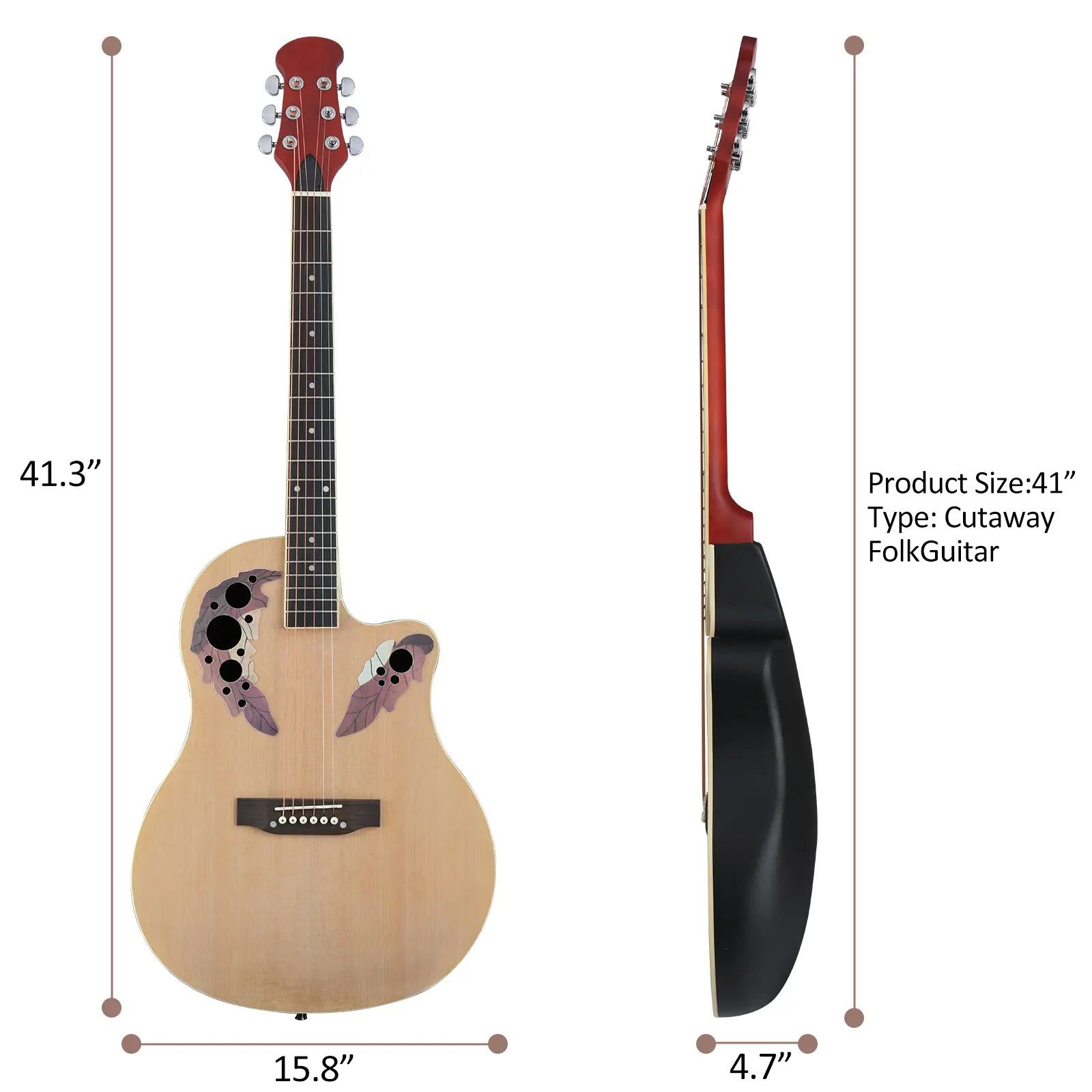 41-inch Burlywood Cutaway Acoustic-Electric Folk Guitar (Jazz Master Design) - Spruce Top, Grape Hole, Extra Light Strings, Slider, Beginner Kit for Kids, 25.4 inches, 4.08 lb, ABS Plastic, All Music Styles