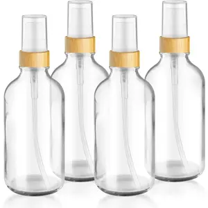 4-Pack 4 Oz Glass  Bottle with  Lid,Empty Refillable Fine Mist Atomizer,Leak-Proof Travel Liquid Holder Container for Cologne,Essential Oils,Room Sprays,Cleaning Solutions (Clear)