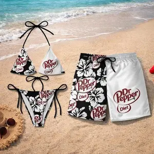 Dr Pepper Swimsuits For Couples - Swim Bra & Tie Side Thong Bikini + Men's Beach Shorts, Summer Vacation Swimsuit, Hawaiian Shorts