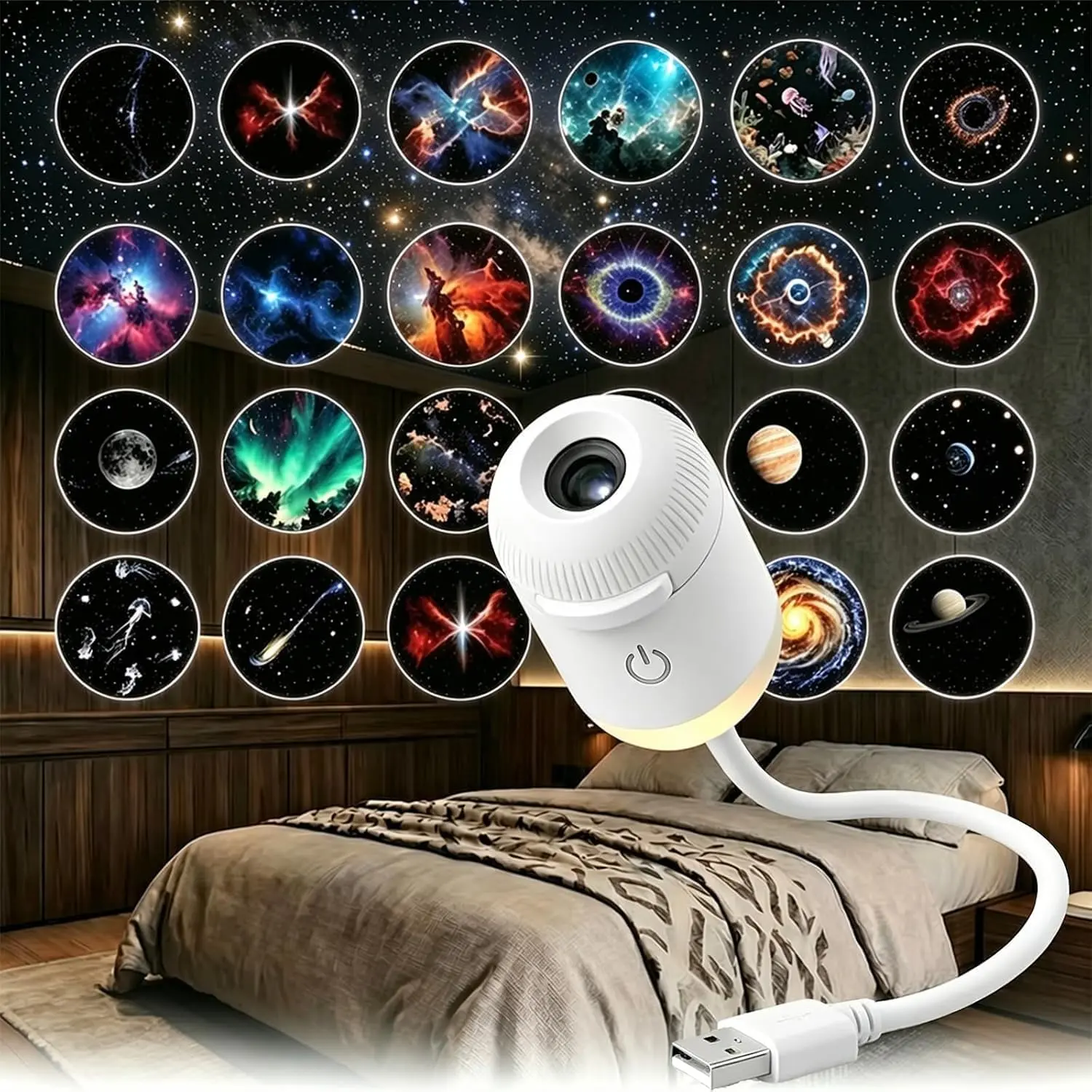 24 Pack 2-in-1 Galaxy Ocean HD Smart Dynamic 5D Holographic Night Light Projector | Plug and Play, USB Portable, Adjustable Brightness, Star Starry Sky Mini Projector for Bedroom Ceiling