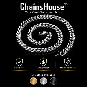 ChainsHouse Miami Cuban Link 14K Gold Plated Curb Chain Summervibe Chunky Necklace, 4.8mm/6mm/10mm/14mm Width, 14"-30" Length, Stainless Steel/Golden/Black Hip Hop Unisex Necklace for Men Women CHN18017