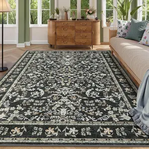 Garvee Washable Area Rug, 9x12 Boho Floral Soft Rugs for Living Room, Non Slip Low Pile Carpet for Bedroom, Dining Room, Nursery, Hallway, Black