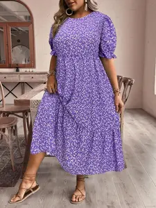 Women's Plus Size Round Neck Short Bubble Sleeve Floral Print Boho Bohemian Casual Dress, Womenswear, Comfortable and Stylish, Perfect for Everyday Wear