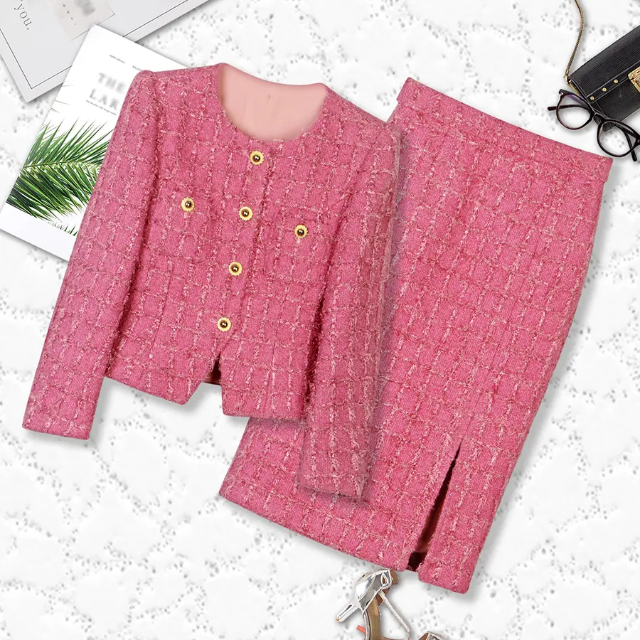 DUSHE Women's 2-Piece Skirt Set - Chic Long Sleeve Button Jacket & Elegant Rose Red Midi Slit Skirt, Fitted