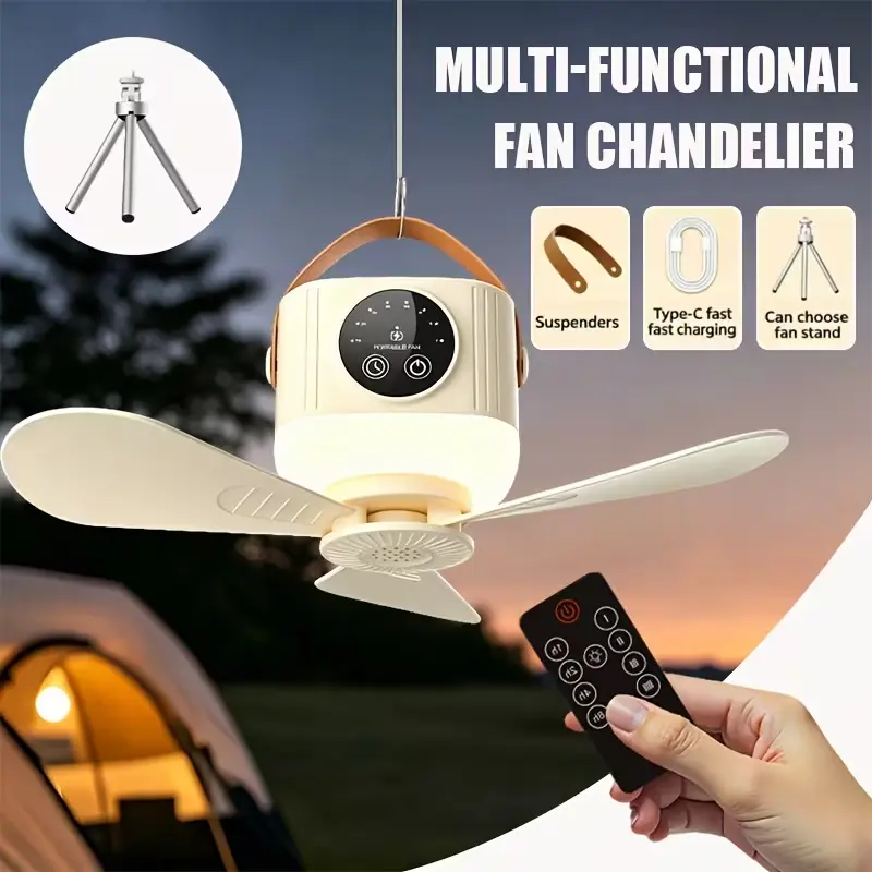 2-in-1 Multi-functional Camping Fan with LED Light & Remote Control, USB Rechargeable Outdoor Hanging Fan, Portable Cooling Device for Tents, RVs and Homes - [Tripod/Accessories Optional], 8000mAh Battery, 8V